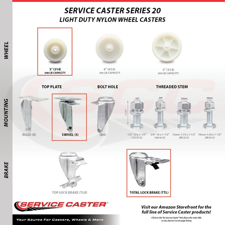Service Caster 3 Inch Nylon Wheel Swivel Top Plate Caster Lock Brakes 2 Rigid SCC, 2PK SCC-TTL20S314-NYS-2-R-2